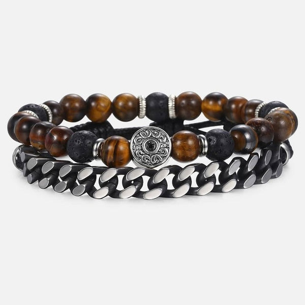 Unique Natural Tiger Eye Stone Men's Beaded Bracelet Stainless Steel Cuban Link Chain Bracelets Male Gifts Dropshipping 8" DLB68