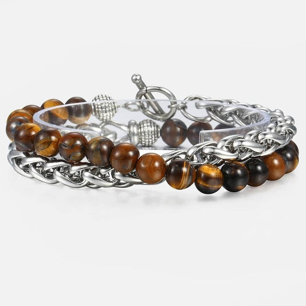 Unique Natural Tiger Eye Stone Men's Beaded Bracelet Stainless Steel Cuban Link Chain Bracelets Male Gifts Dropshipping 8" DLB68